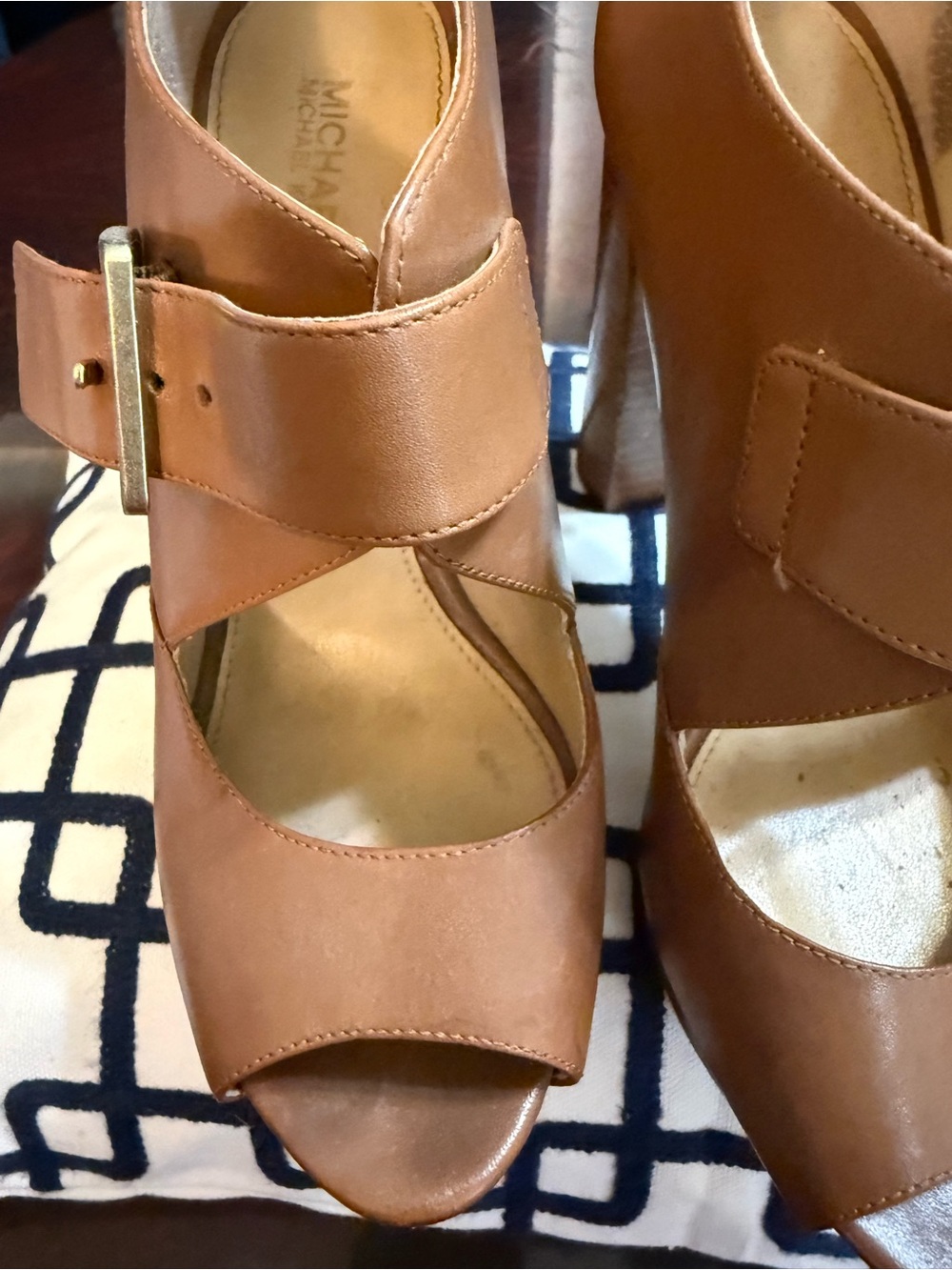 Michael Kors Classic Tan Leather Peep-Toe Platform Heels - Picture 7 of 10